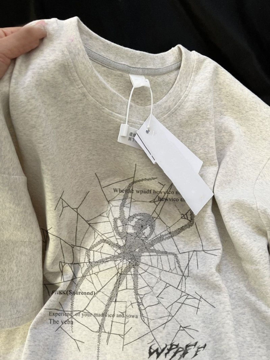 Short Sleeve Casual Black Spider Web Printed Short Sleeve T-shirt