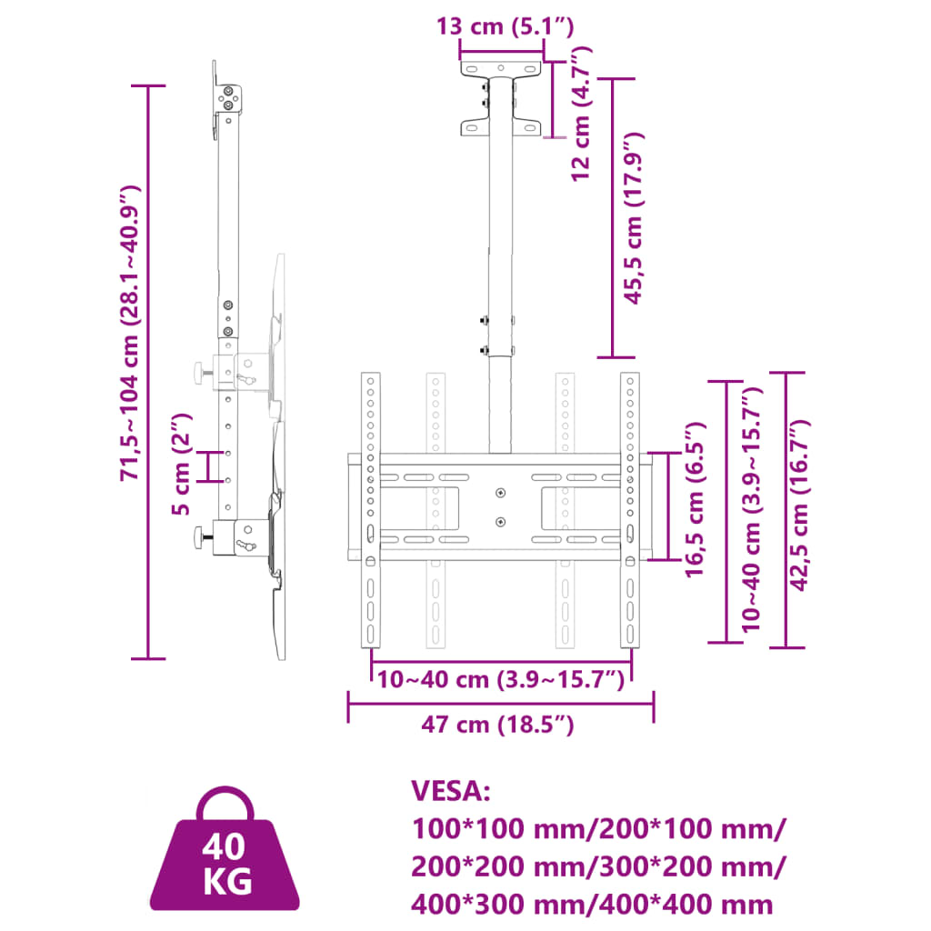 TV-Deckenhalterung für 32-65-Zoll-Bildschirme, 30 kg
