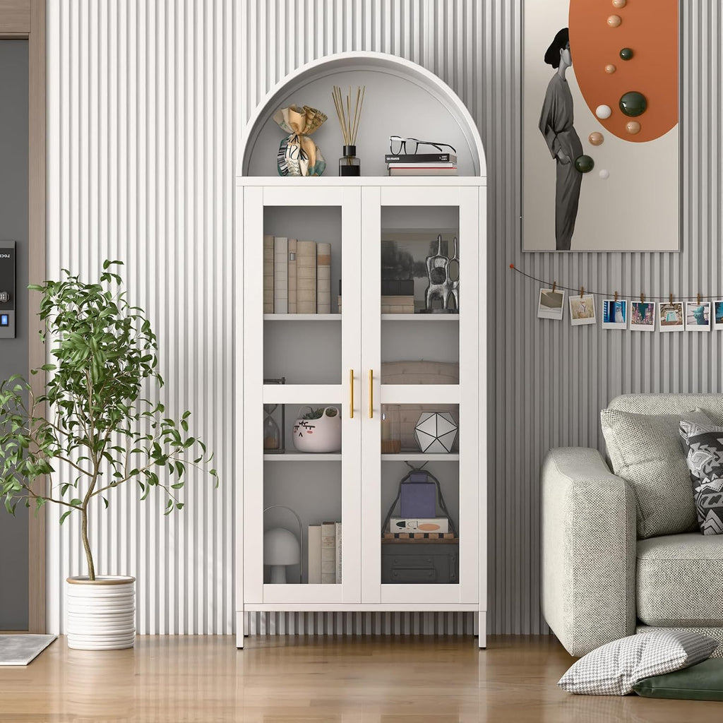 SUPEER Metal Showcase Sideboard Standing Cabinet With Arch Roof, Kitchen Cabinet With 2 Glass Doors, Glass Display Cabinet For Living Room, Bedroom, 185 X 80 X 40 Cm White