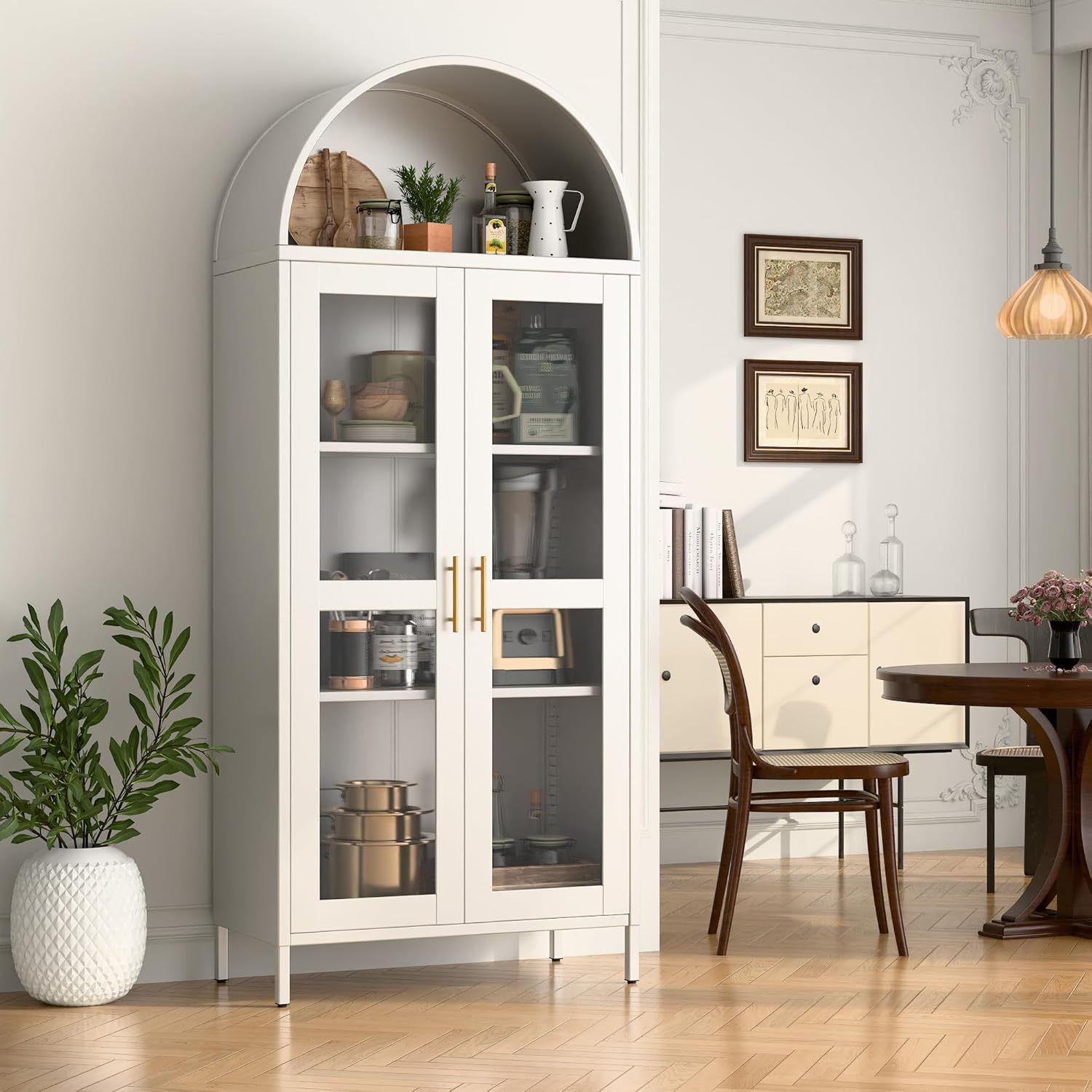 SUPEER Metal Showcase Sideboard Standing Cabinet With Arch Roof, Kitchen Cabinet With 2 Glass Doors, Glass Display Cabinet For Living Room, Bedroom, 185 X 80 X 40 Cm White
