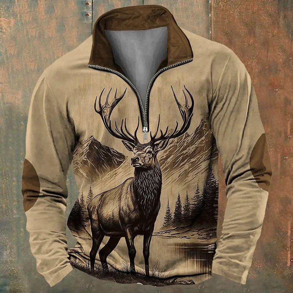 Hirsch-bedruckter Halb-Reißverschluss-Hoodie