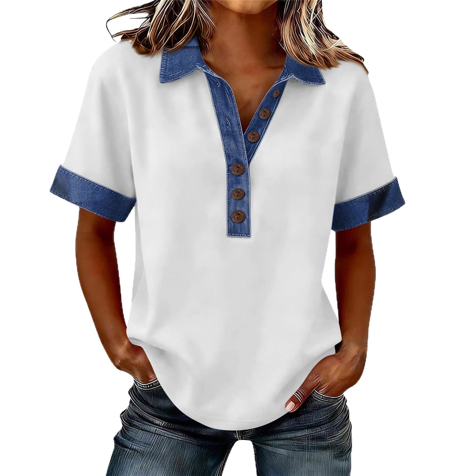 Damen Jeans-Patchwork-Poloshirt in 15 Varianten