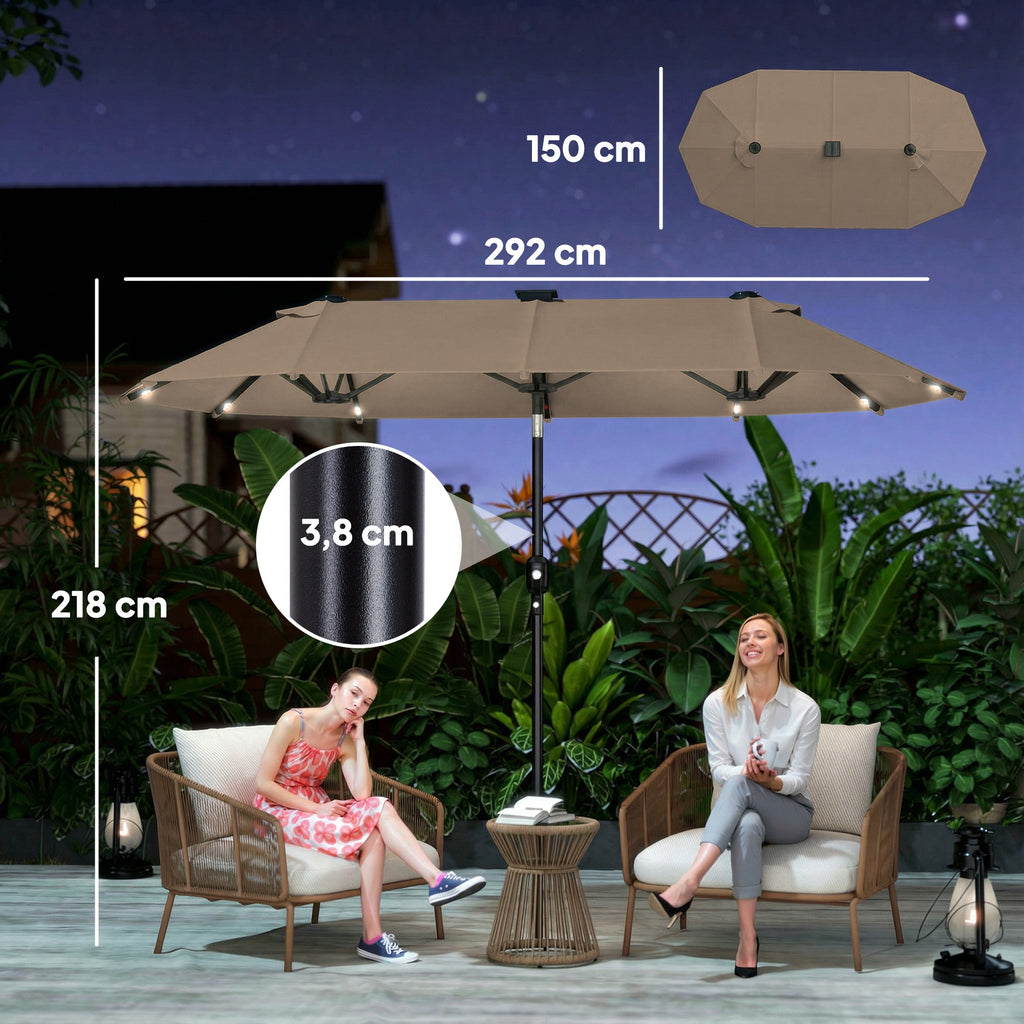 Doppelsonnenschirm 292 X 150 cm mit LED-Beleuchtung Handkurbel, Knickfunktion Khaki