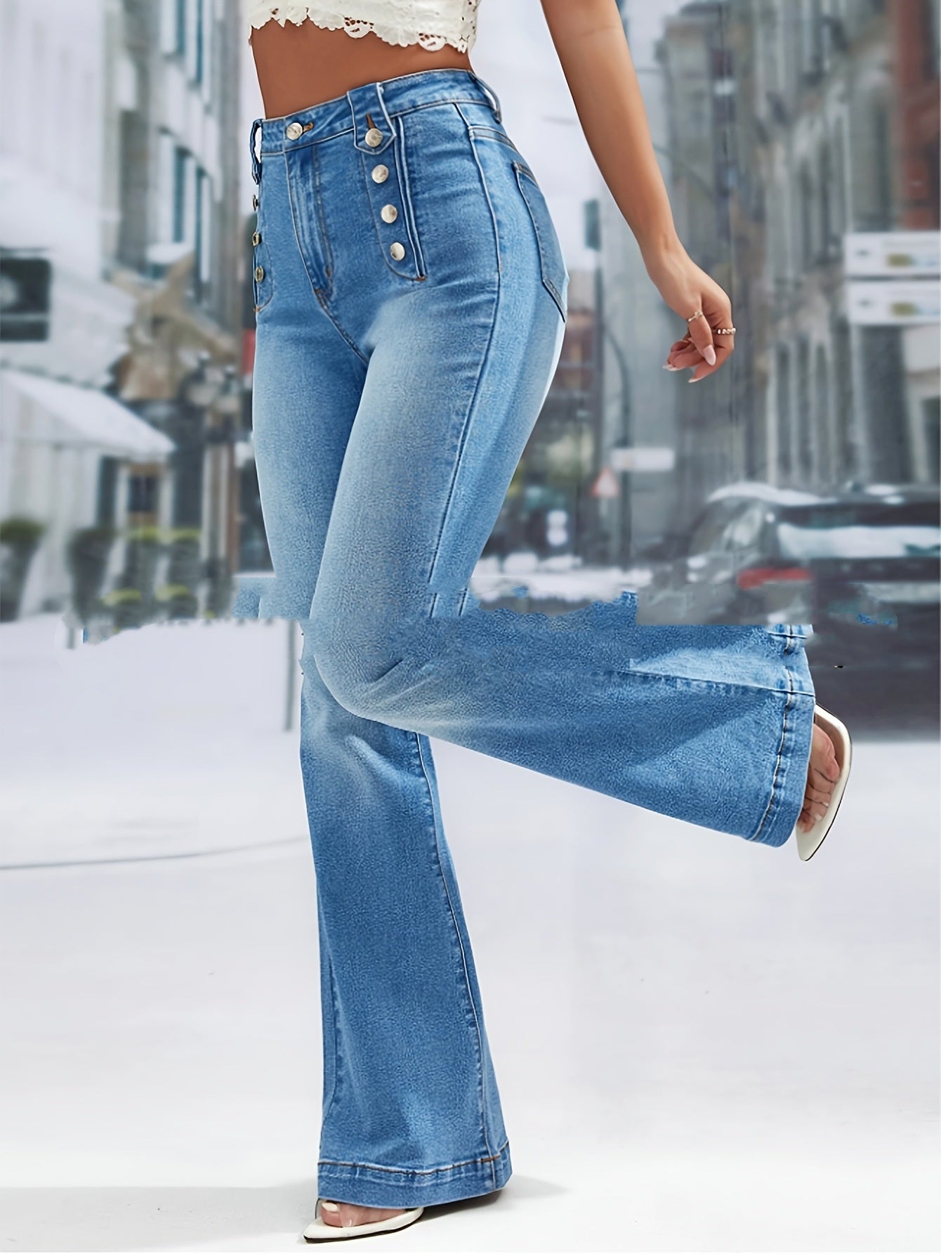 Button-Fly Washed Stretch Denim Jeans