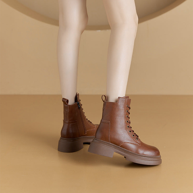 Retro Genuine Leather Martin Boots Women Koreanische Version Dicke Sohle