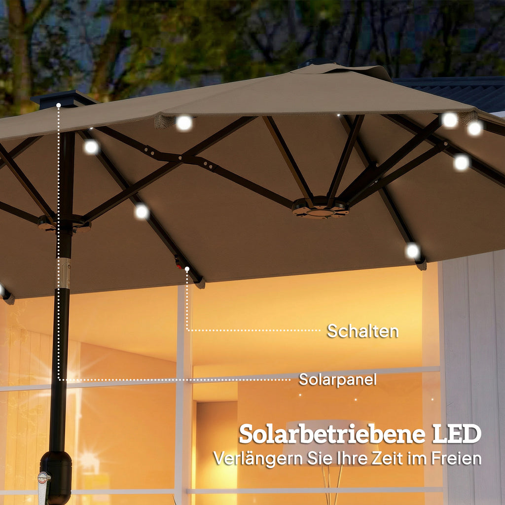 Doppelsonnenschirm 292 X 150 cm mit LED-Beleuchtung Handkurbel, Knickfunktion Khaki