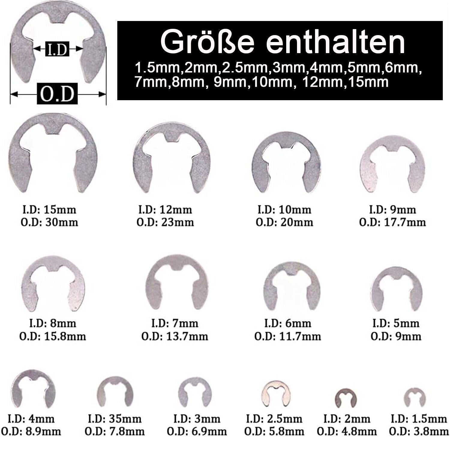 400 Stück Edelstahl E-Clip Seegeringe Sprengring Sortiment Sicherungsring SET